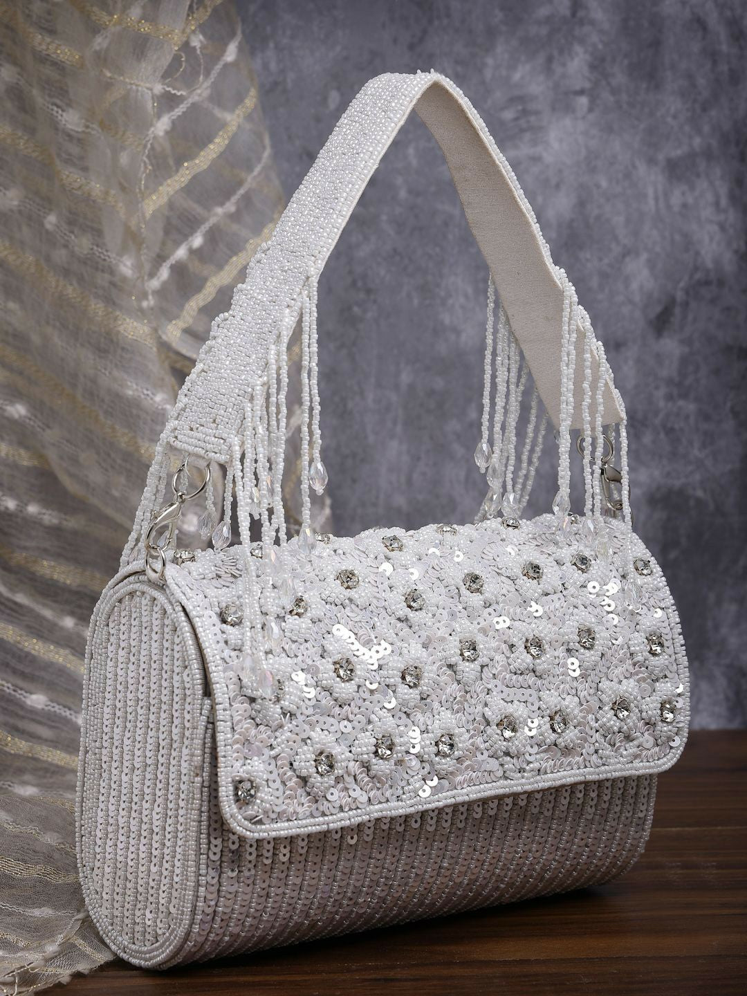 Silver-Toned Embellished Tassel Foldover Clutch – Elegant Party & Wedding Handbag