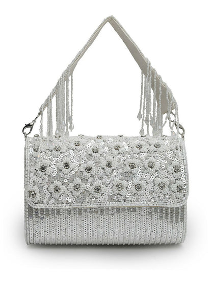 Silver-Toned Embellished Tassel Foldover Clutch – Elegant Party & Wedding Handbag