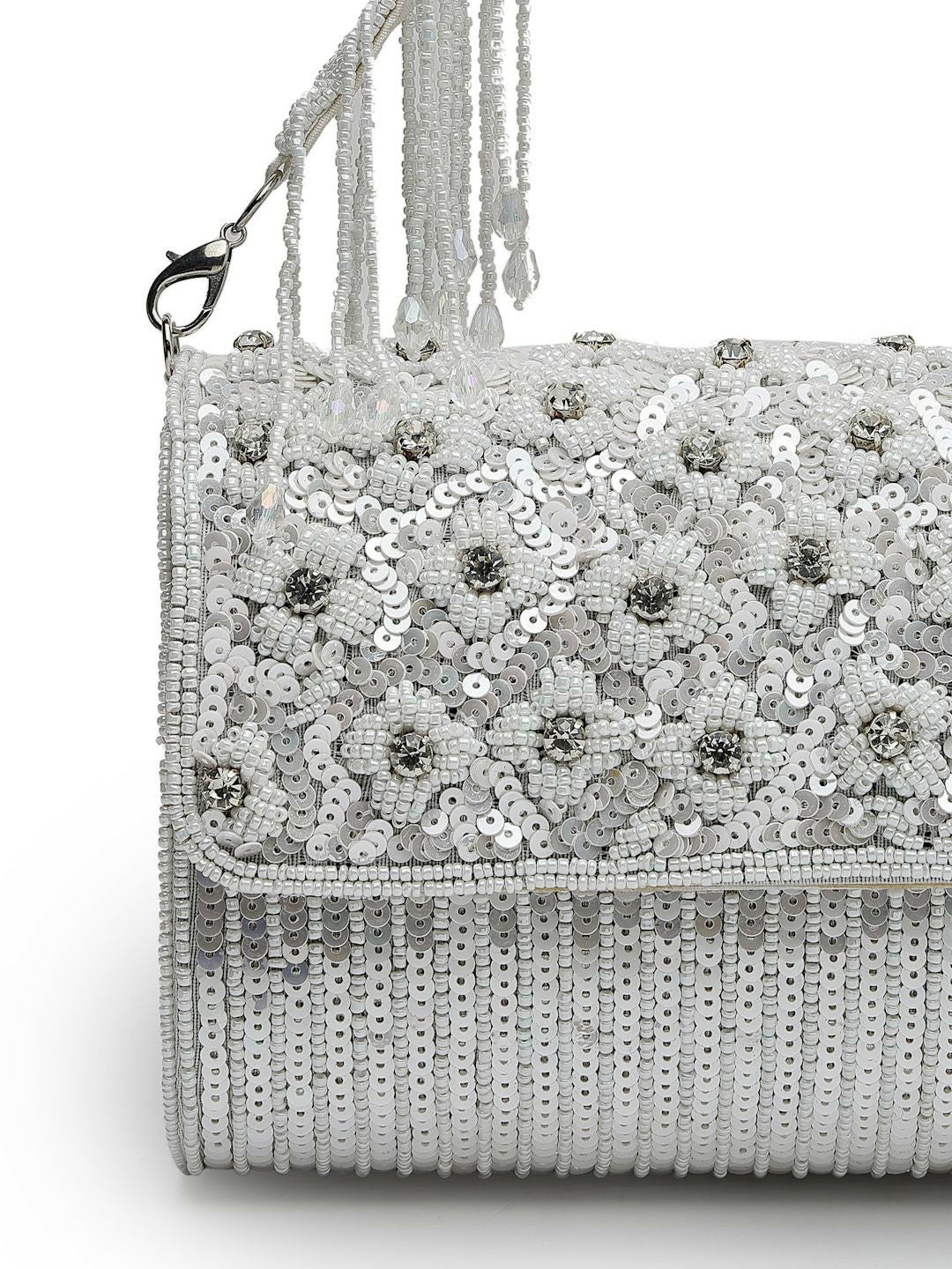 Silver-Toned Embellished Tassel Foldover Clutch – Elegant Party & Wedding Handbag