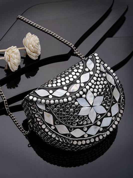 Black & Silver Embellished Half-Moon Clutch – Elegant Evening Bag with Shoulder Strap