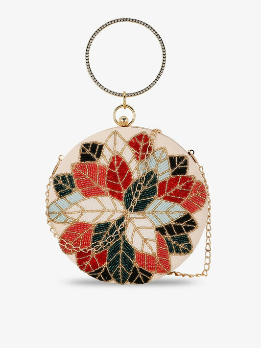 Peach & Red Embroidered Box Clutch – Elegant Evening Bag with Shoulder Strap & Click Closure