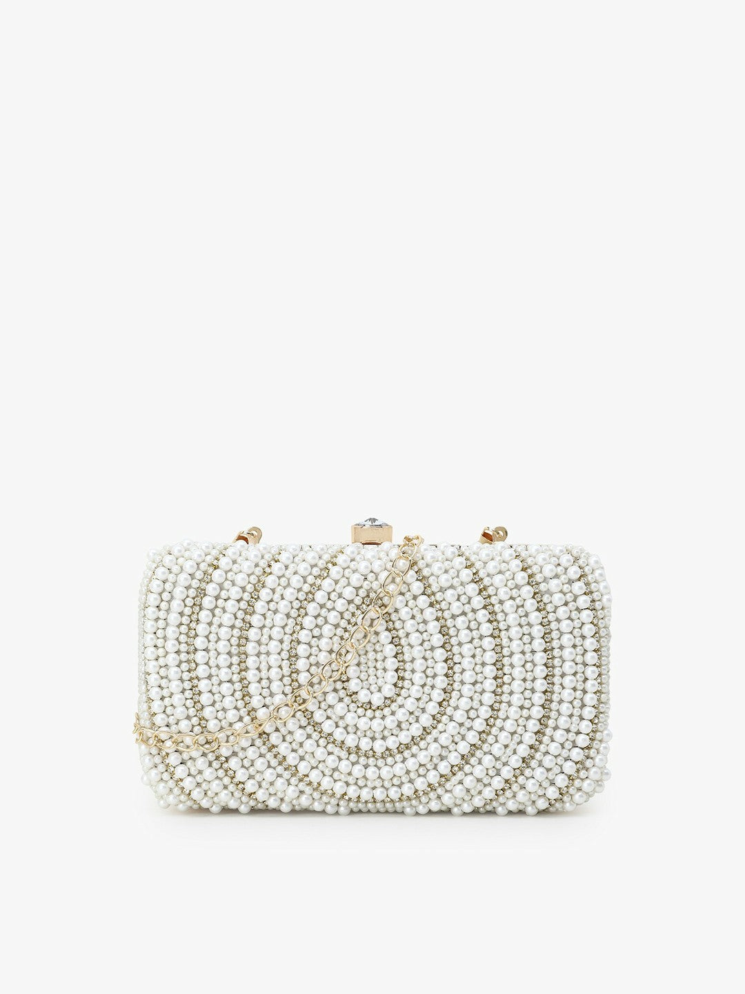 Gold-Toned & White Embellished Clutch – Stylish Evening Bag for Women