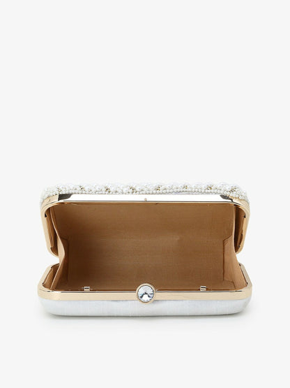 Gold-Toned & White Embellished Clutch – Stylish Evening Bag for Women