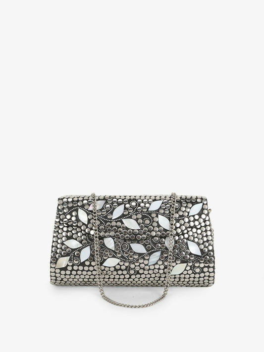 Silver-Toned Embellished Purse Clutch – Elegant Metal Evening Bag for Women