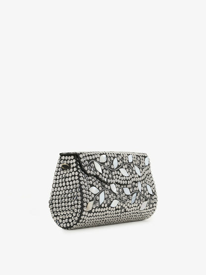 Silver-Toned Embellished Purse Clutch – Elegant Metal Evening Bag for Women