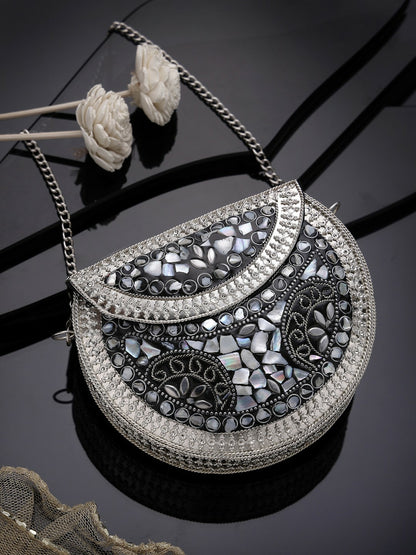 Black & Grey Embellished Half Moon Clutch – Elegant Metal Evening Bag for Women