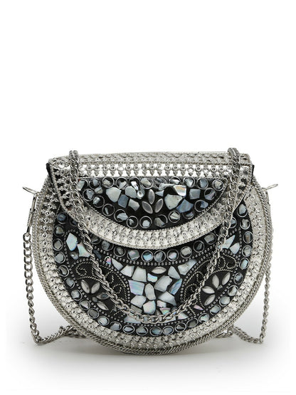 Black & Grey Embellished Half Moon Clutch – Elegant Metal Evening Bag for Women