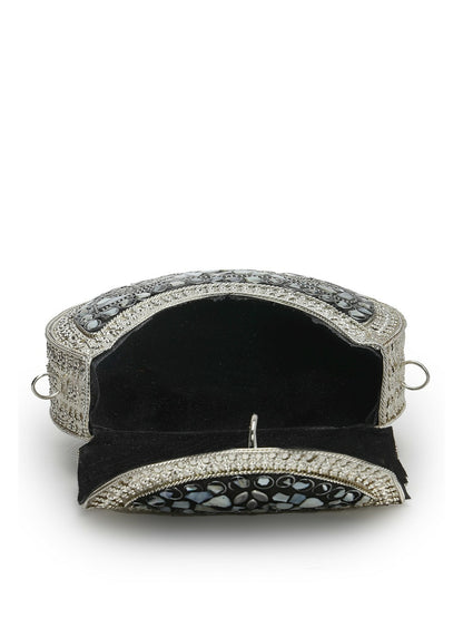 Black & Grey Embellished Half Moon Clutch – Elegant Metal Evening Bag for Women