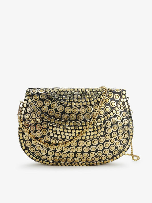 Gold-Toned Embellished Half Moon Clutch – Stylish Metal Evening Bag with Shoulder Strap