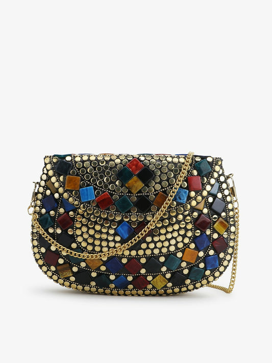 Gold-Toned & Blue Embellished Half Moon Clutch – Elegant Evening Bag with Shoulder Strap