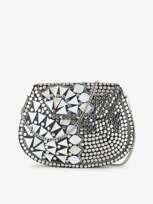 Silver-Toned & Black Embellished Half Moon Clutch – Stylish Metal Evening Bag with Shoulder Strap