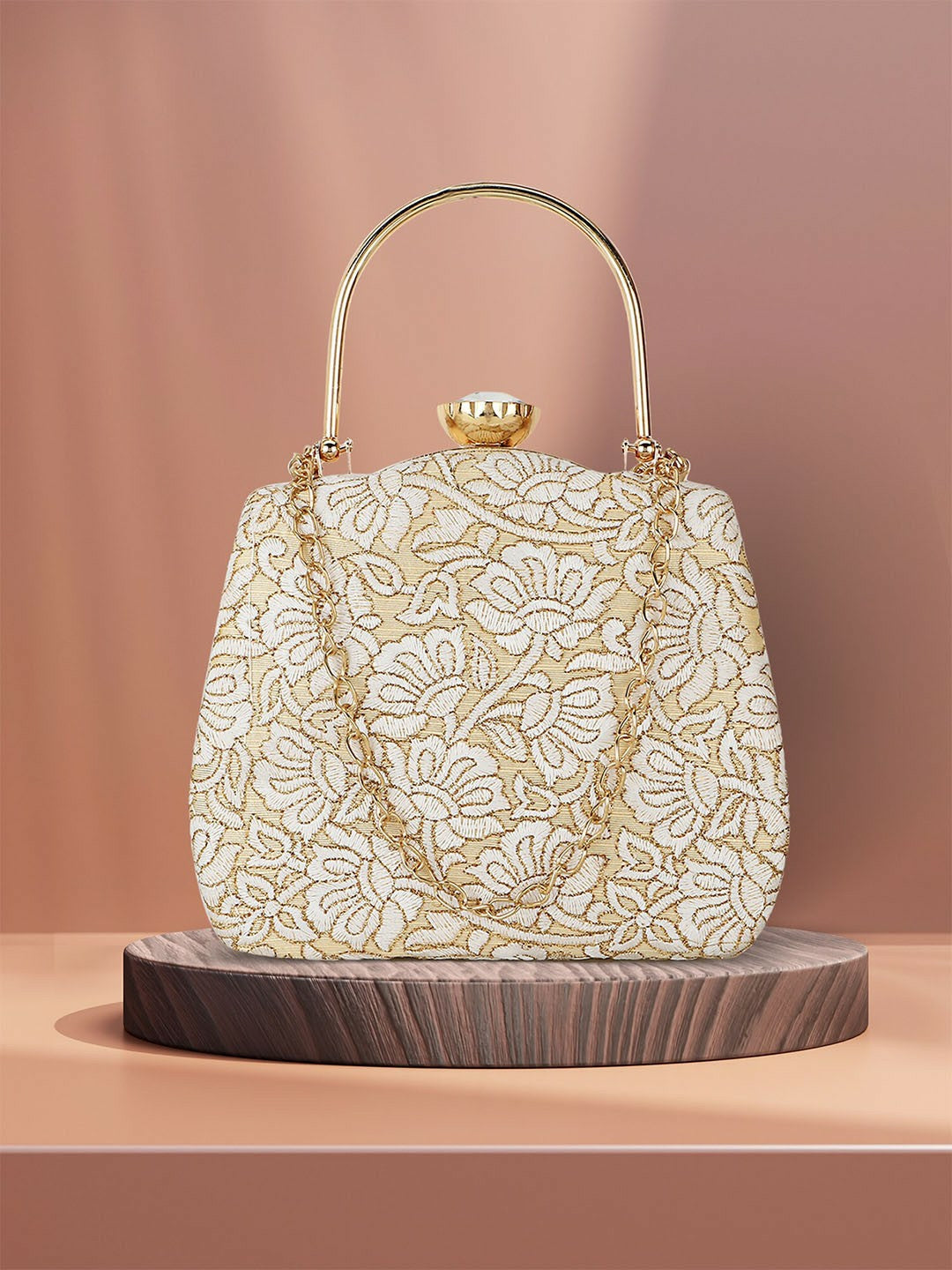 Gold & White Embroidered Box Clutch – Elegant Fabric Handbag for Women