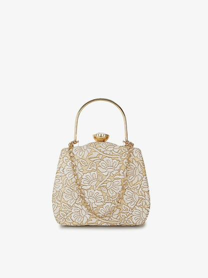 Gold & White Embroidered Box Clutch – Elegant Fabric Handbag for Women