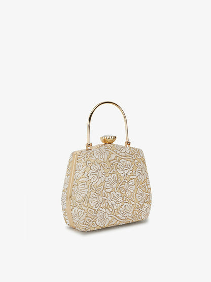 Gold & White Embroidered Box Clutch – Elegant Fabric Handbag for Women