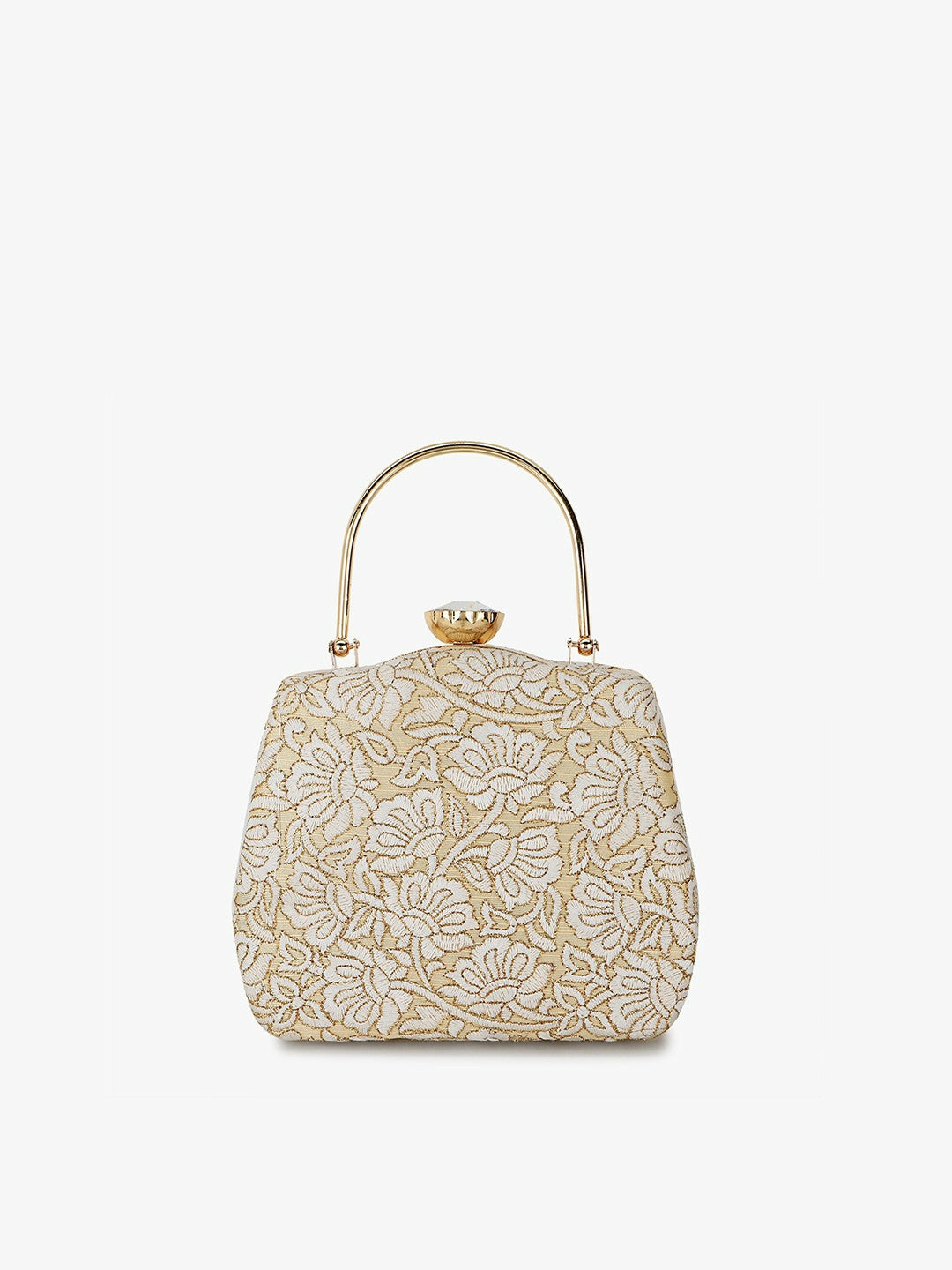 Gold & White Embroidered Box Clutch – Elegant Fabric Handbag for Women