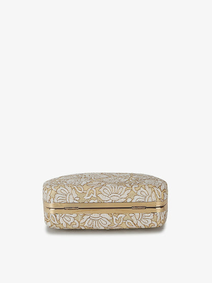 Gold & White Embroidered Box Clutch – Elegant Fabric Handbag for Women