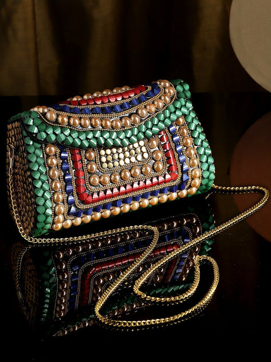 Green, Blue & Gold-Toned Embellished Envelope Clutch – Stylish Party Purse with Shoulder Strap