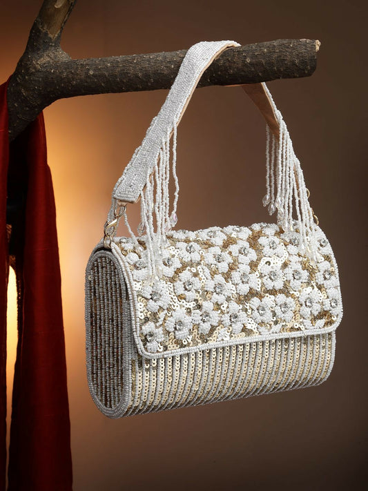 Champagne & White Embellished Tassel Foldover Clutch – Elegant Handbag with Wrist Loop