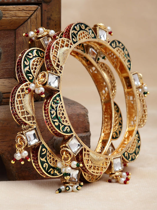 Pack of 2 Gold-Plated Stone-Studded Handcrafted Bangles – Green, Red & White Beads | Indiaista