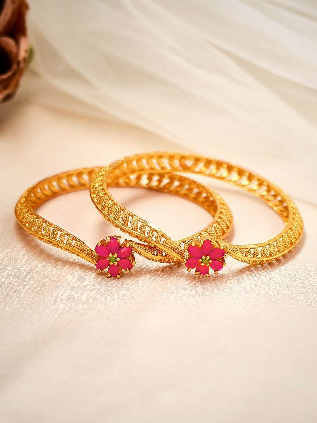 Set of 2 24K Gold-Plated Bangles with Pink Ruby Detailing – Indiaista