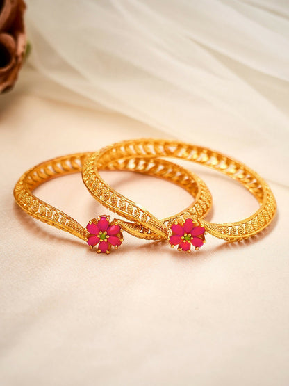 Set of 2 24K Gold-Plated Bangles with Pink Ruby Detailing – Indiaista