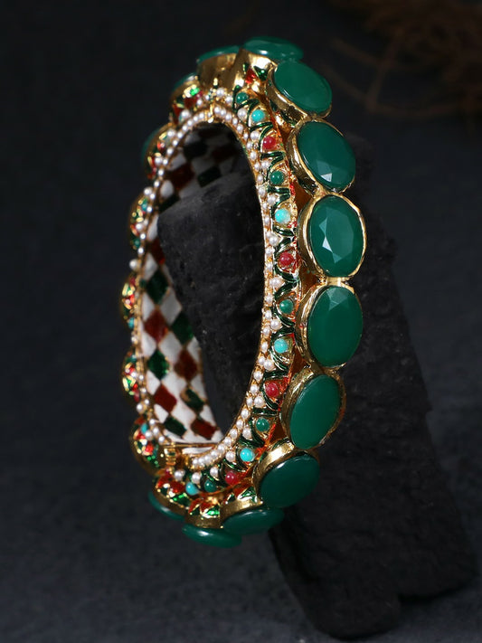 24 CT Gold-Plated Green & Red Stone Handcrafted Bangle | Indiaista