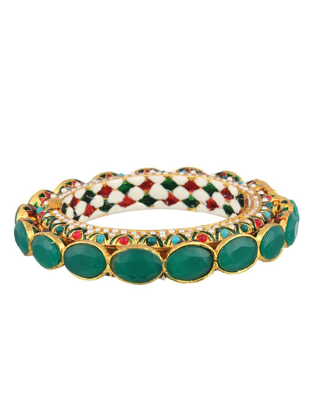 24 CT Gold-Plated Green & Red Stone Handcrafted Bangle | Indiaista