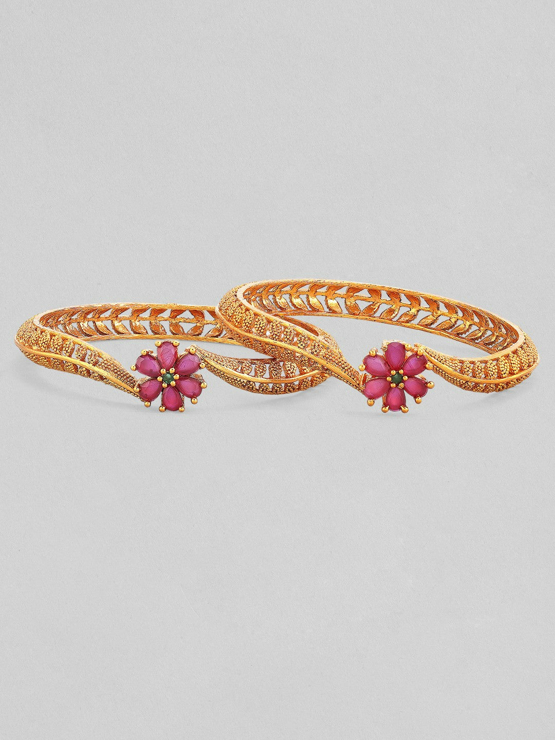 Set of 2 24K Gold-Plated Bangles with Pink Ruby Detailing – Indiaista