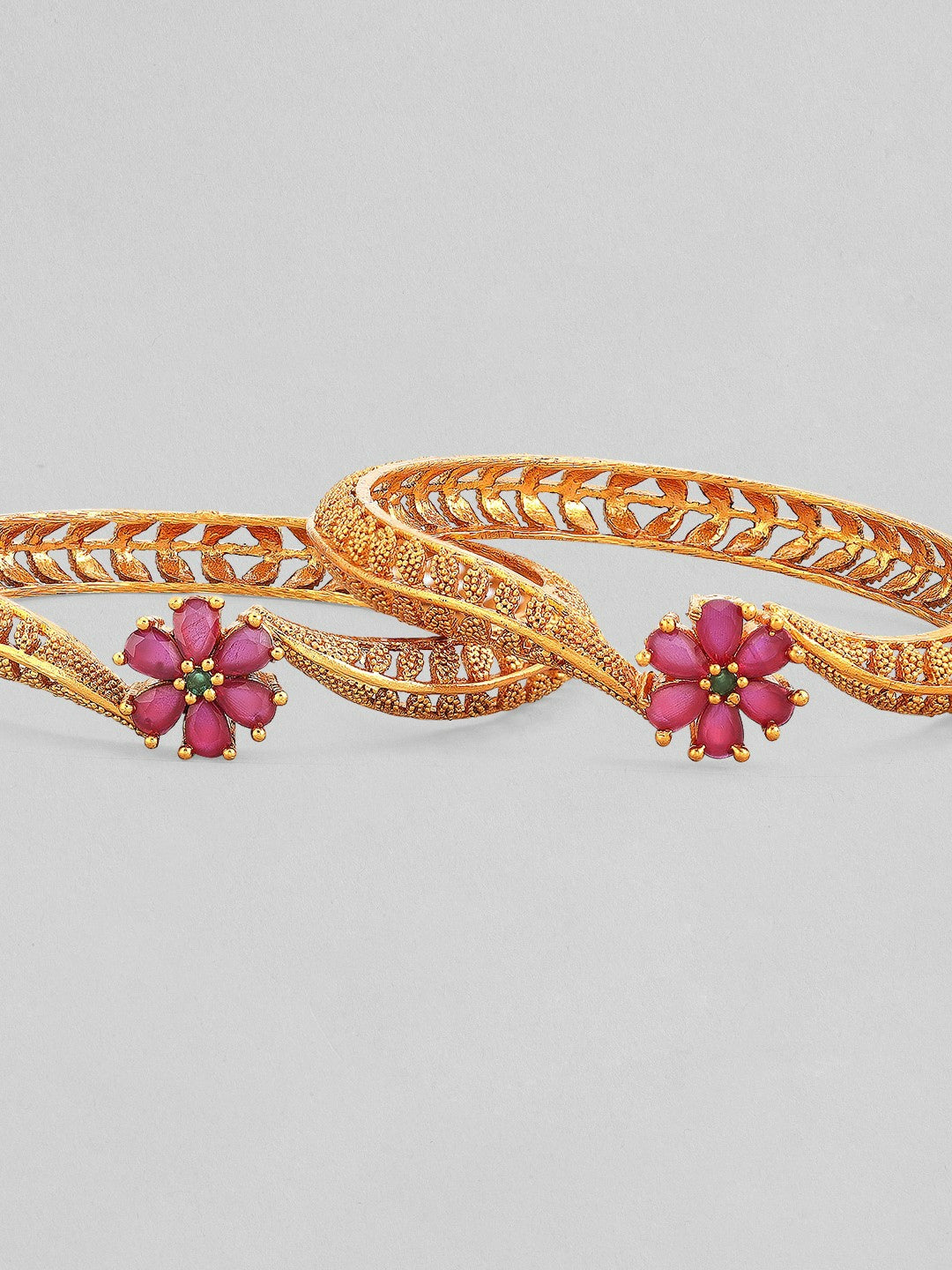 Set of 2 24K Gold-Plated Bangles with Pink Ruby Detailing – Indiaista