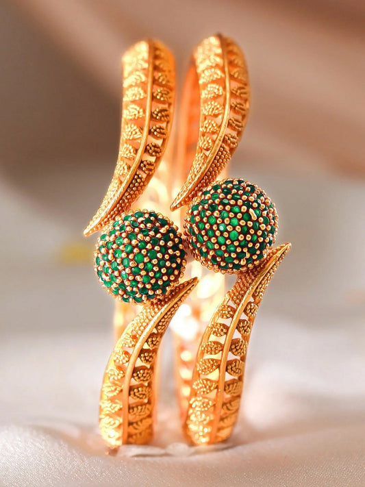 Elegant 22K Gold-Plated Bangles with Green AD Stones – Set of 2 | Indiaista