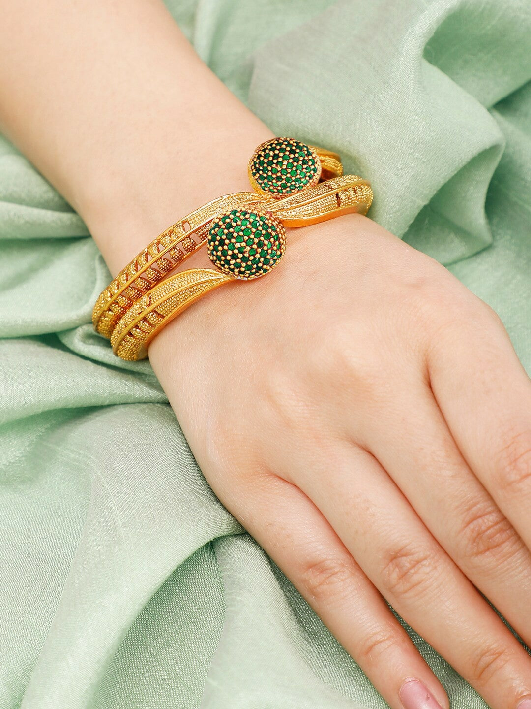 Elegant 22K Gold-Plated Bangles with Green AD Stones – Set of 2 | Indiaista