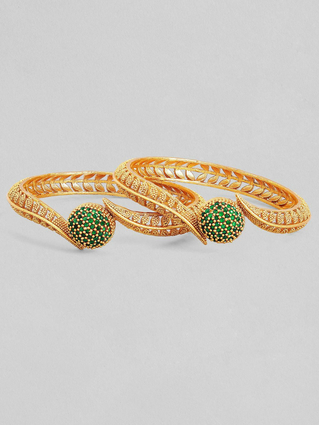 Elegant 22K Gold-Plated Bangles with Green AD Stones – Set of 2 | Indiaista