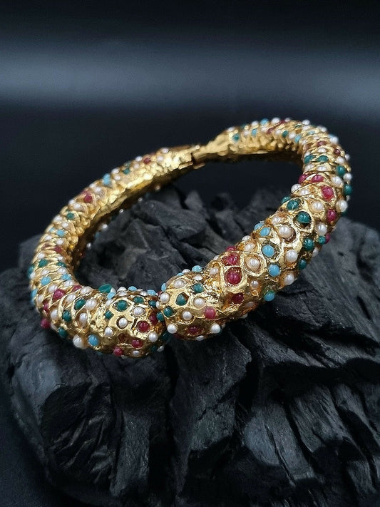 Elegant Gold-Plated Bangles with Blue & Red Kundan | Indiaista