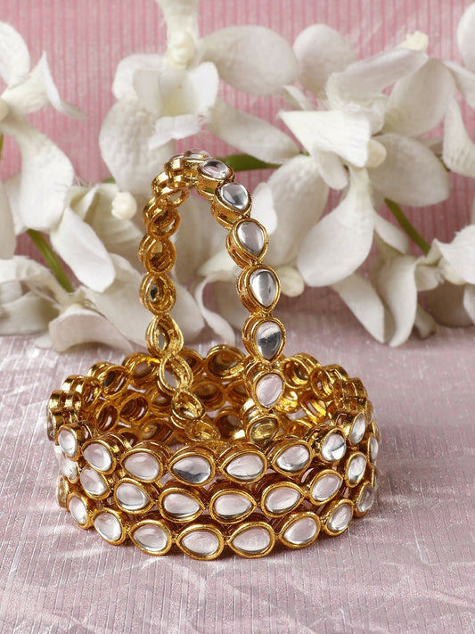 Elegant Gold-Plated Bangles Set – Textured & Kundan-Studded | Indiaista