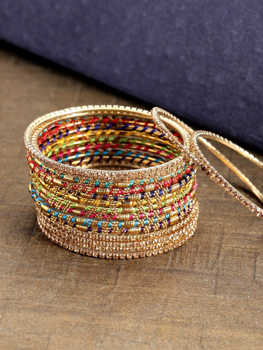 Buy Multicoloured & Gold-Plated Handcrafted Bangles Set (16 Pcs) – Indiaista