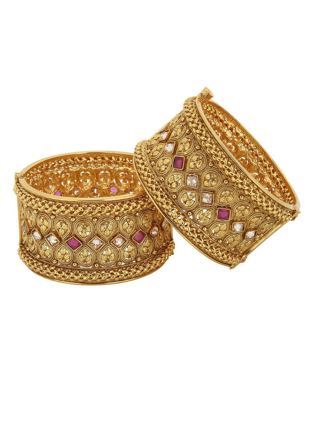 Elegant Gold-Plated Magenta Stone Bangles – Handcrafted, Set of 2 | Indiaista