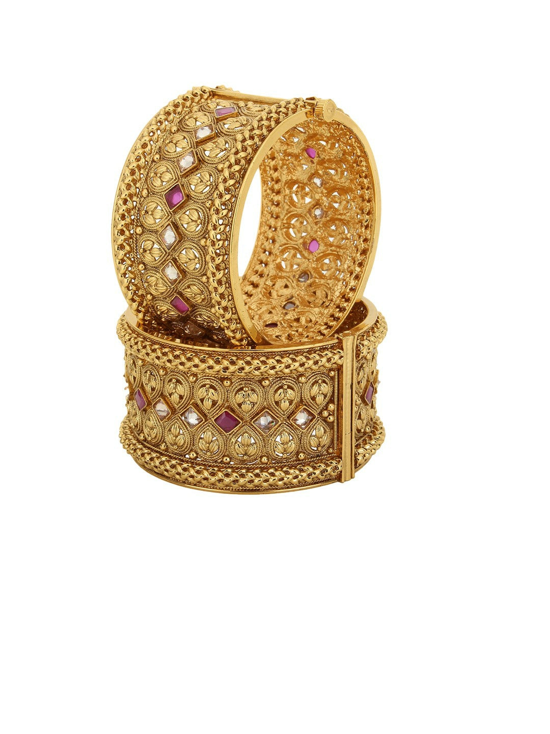 Elegant Gold-Plated Magenta Stone Bangles – Handcrafted, Set of 2 | Indiaista