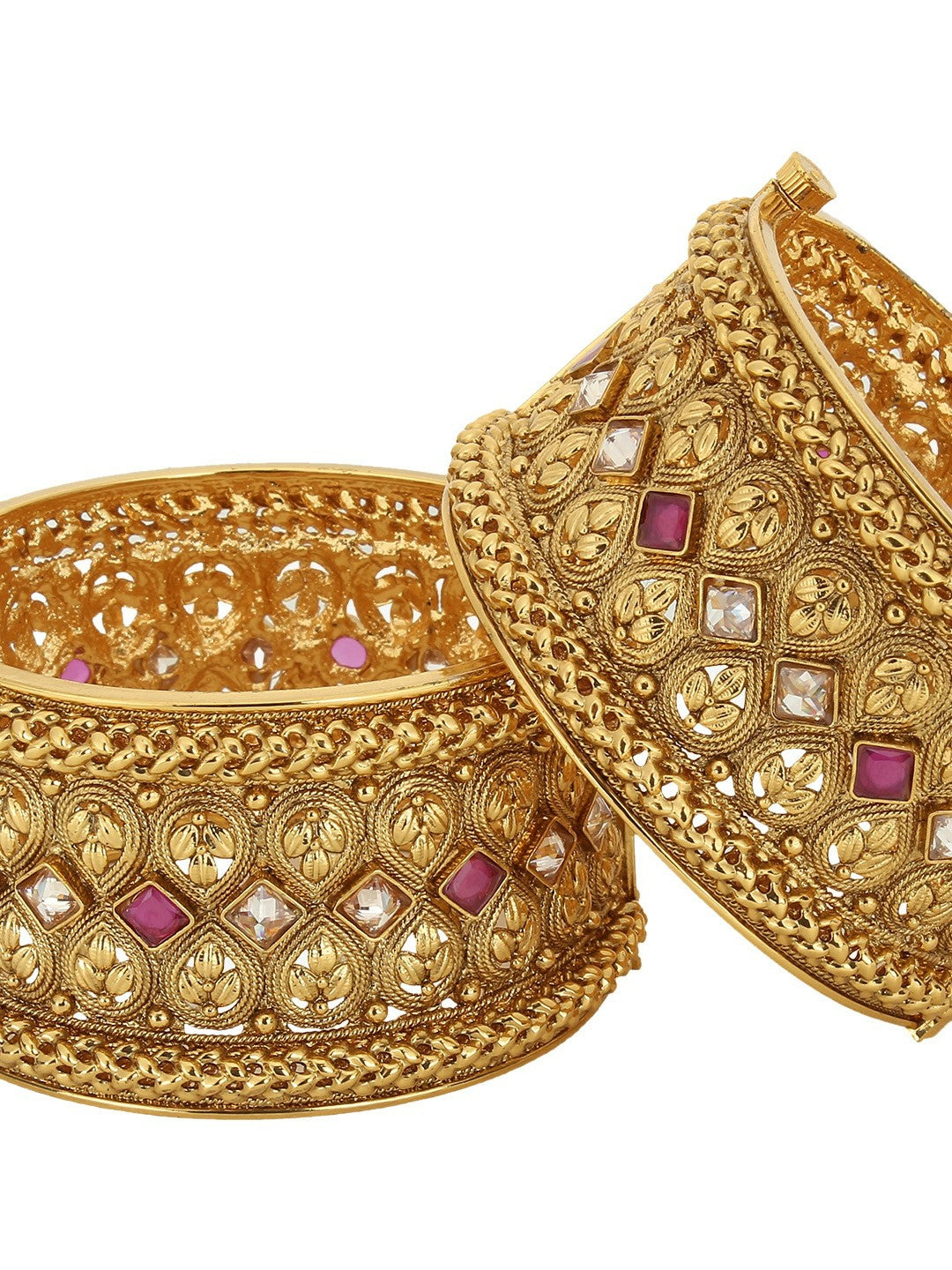 Elegant Gold-Plated Magenta Stone Bangles – Handcrafted, Set of 2 | Indiaista