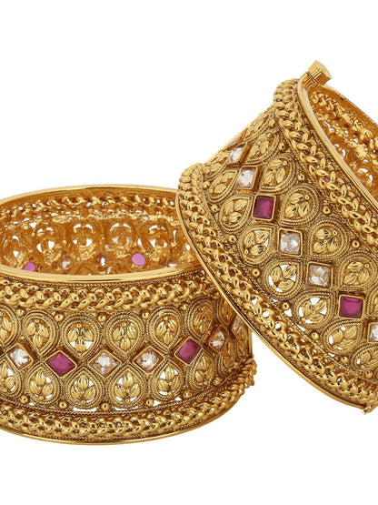 Elegant Gold-Plated Magenta Stone Bangles – Handcrafted, Set of 2 | Indiaista