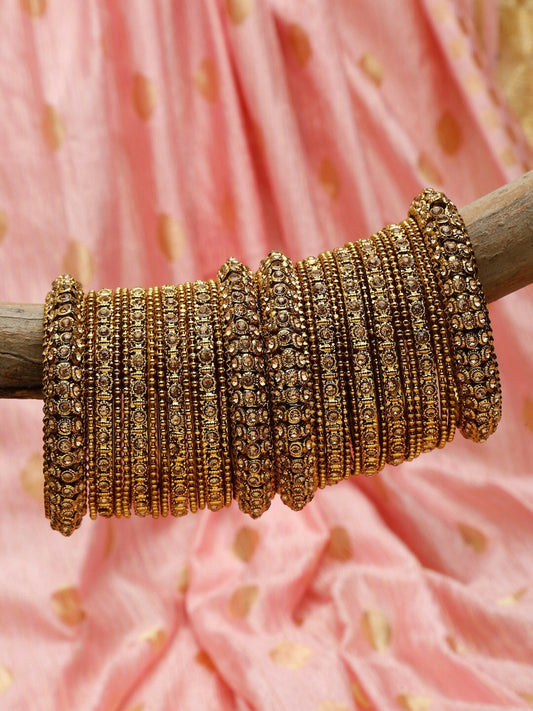 Set of 28 Gold-Plated Bangles with Gold-Colored Crystal Studs – Antique Design | Indiaista