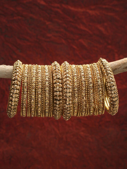 Set of 28 Gold-Plated Bangles with Gold-Colored Crystal Studs – Antique Design | Indiaista