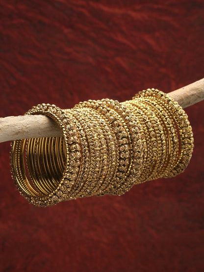 Set of 28 Gold-Plated Bangles with Gold-Colored Crystal Studs – Antique Design | Indiaista