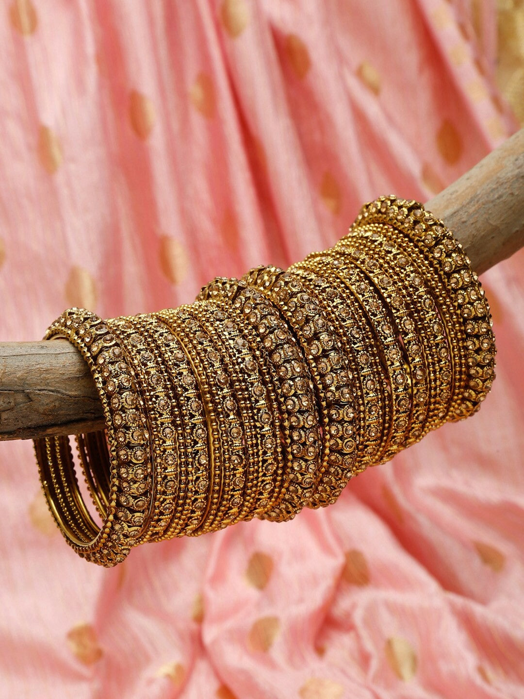 Set of 28 Gold-Plated Bangles with Gold-Colored Crystal Studs – Antique Design | Indiaista