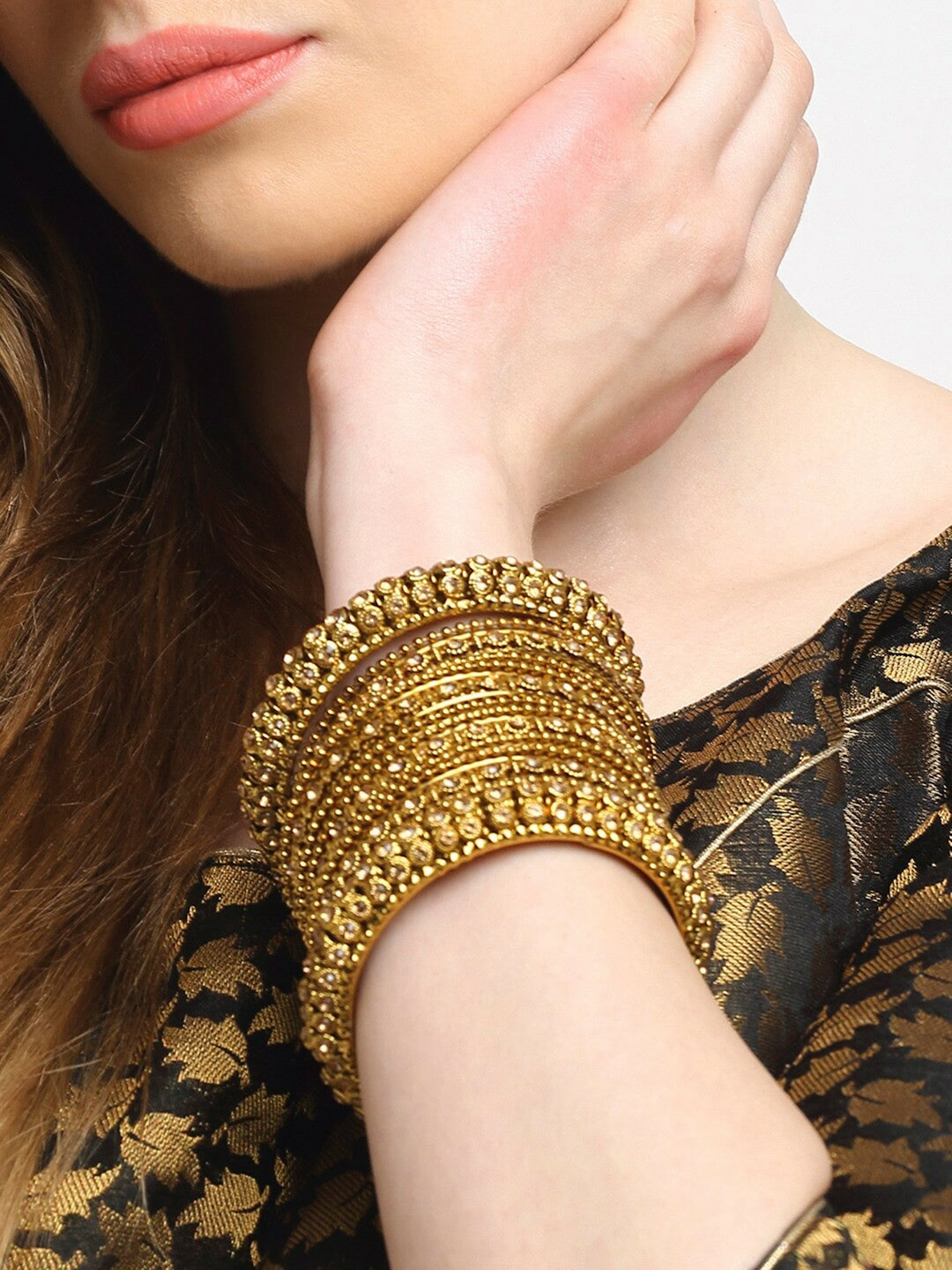 Set of 28 Gold-Plated Bangles with Gold-Colored Crystal Studs – Antique Design | Indiaista