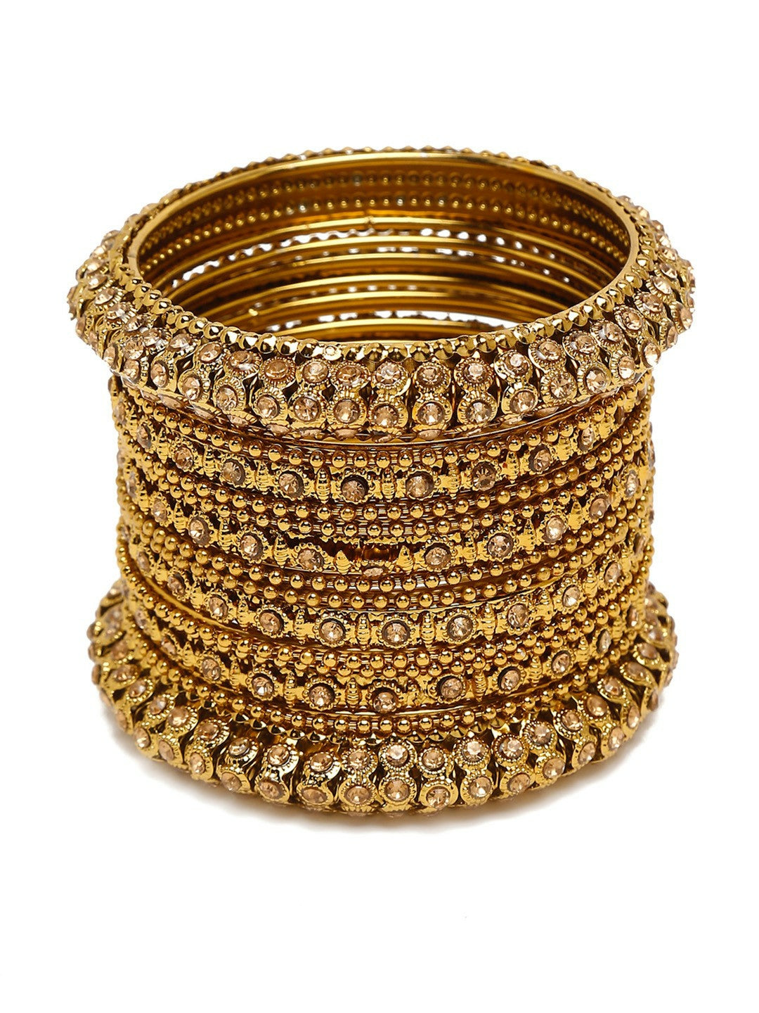 Set of 28 Gold-Plated Bangles with Gold-Colored Crystal Studs – Antique Design | Indiaista