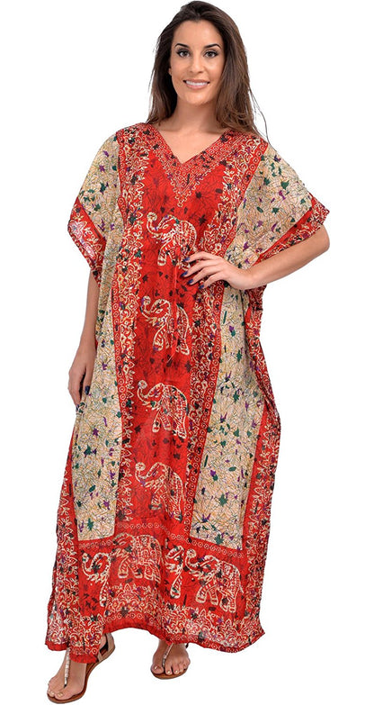 Women's Long Kaftan Dress – Boho Hippy Maxi, Plus Size Caftan Tunic, V-Neck, Floral Print | Indiaista