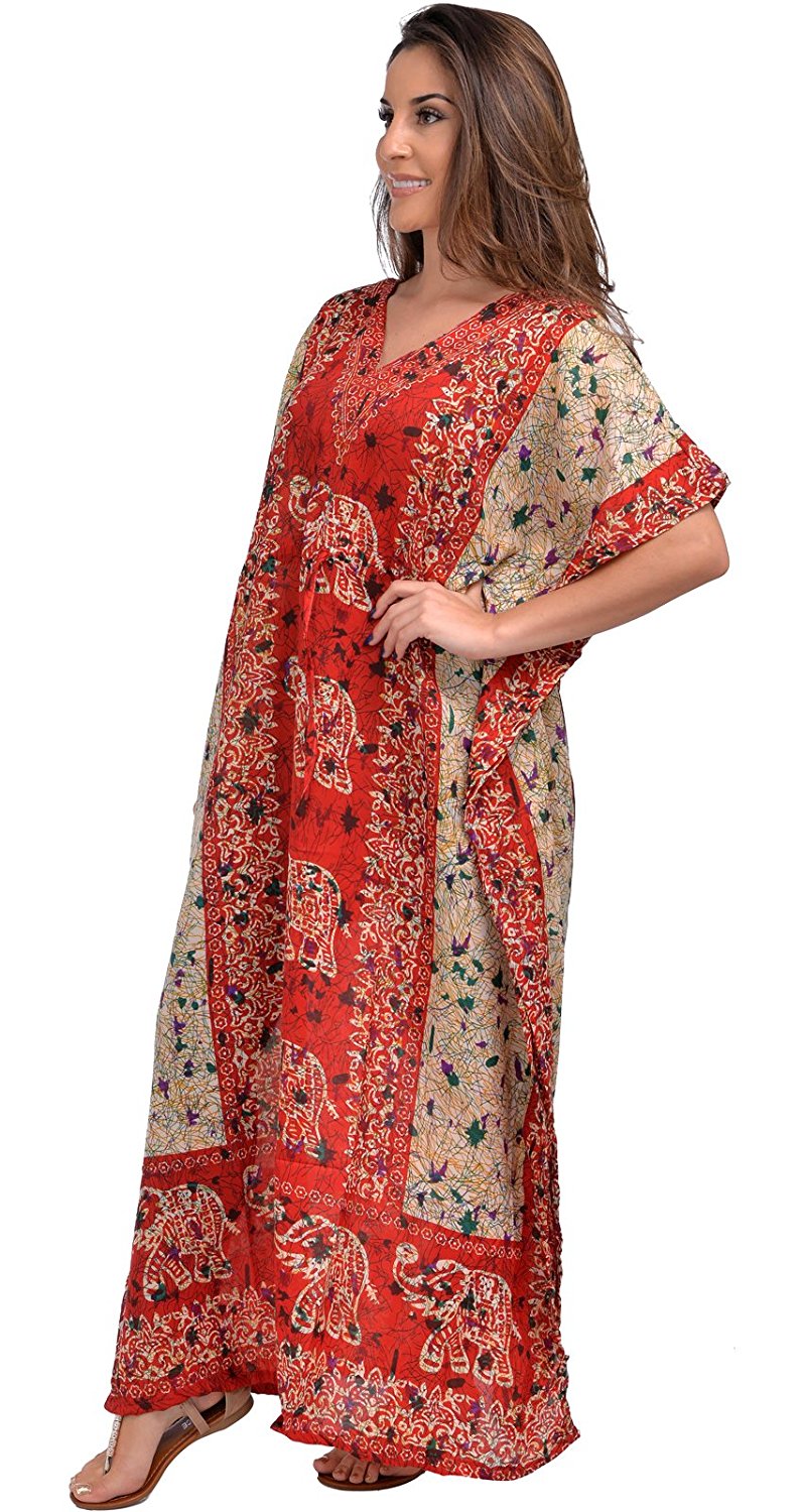 Women's Long Kaftan Dress – Boho Hippy Maxi, Plus Size Caftan Tunic, V-Neck, Floral Print | Indiaista