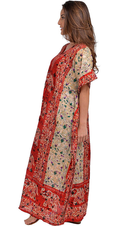 Women's Long Kaftan Dress – Boho Hippy Maxi, Plus Size Caftan Tunic, V-Neck, Floral Print | Indiaista