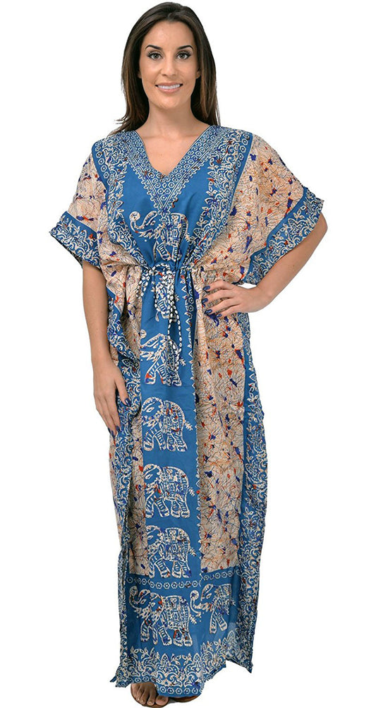 Women's Long Kaftan Dress – Boho Hippy Maxi, Plus Size Caftan Tunic, V-Neck, Floral Print | Indiaista