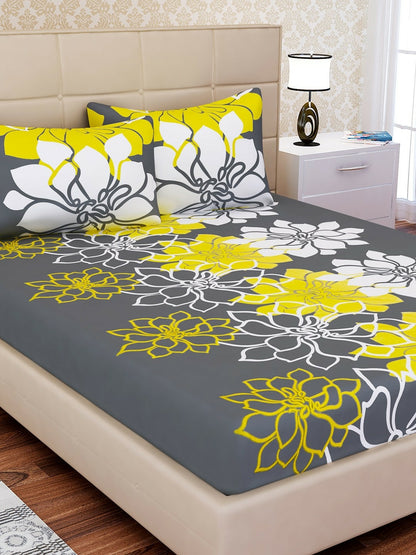 Grey, White & Yellow Floral King Size Bedsheet Set – 144 TC Cotton with 2 Pillow Covers